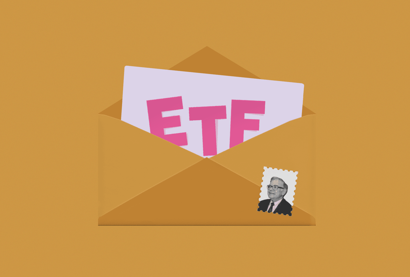 ETF가 적힌 종이가 들어간 편지봉투와 워렌버핏 사진 우표
